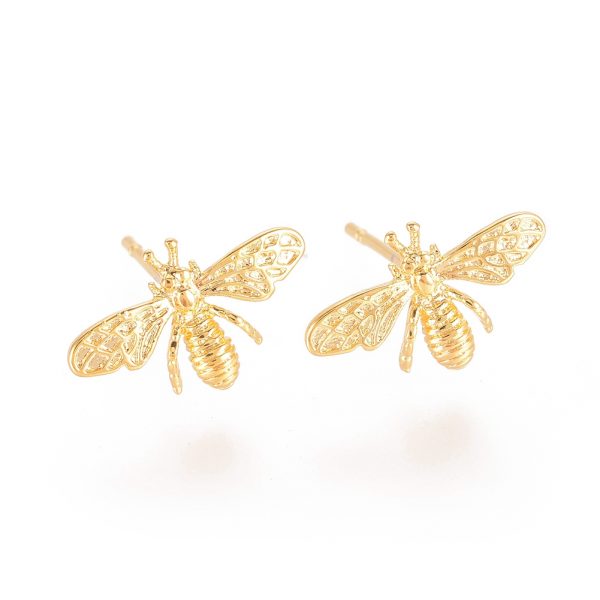 0318b3e508094c41193bff19b2a8e19a Real 18K Gold Plated Brass Bee Stud Earrings, with 925 Sterling Silver Pins, Nickel Free, 8.5x14.5mm; Pin: 0.8mm, 2 pcs/ bag