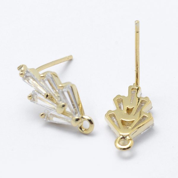 07e55f0e1e0cf611eb9fff2e386febb6 Real 18K Gold Plated Brass Micro Pave Cubic Zirconia Stud Earring Findings, with Loop, Sterling Silver Pins, Nickel Free, 14x7.5x2.5mm, Hole: 1mm; Pin: 0.8mm, 2 pcs/ bag