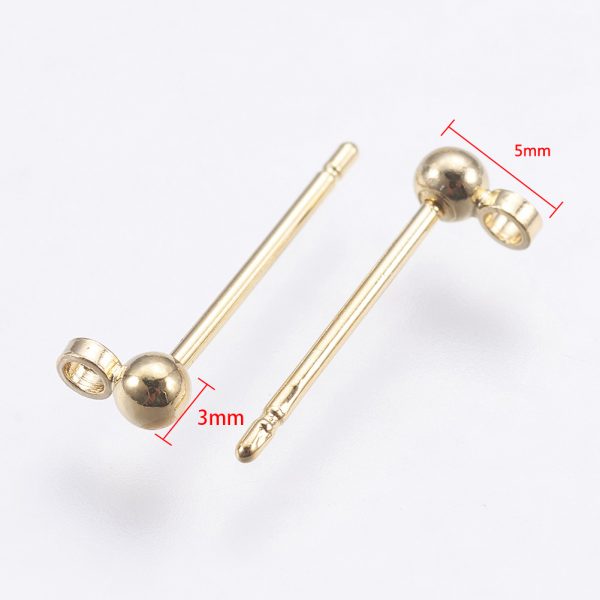 0de0cfccba81bae984e6273c360a1b42 Real 18K Gold Plated Brass Round Stud Earrings Findings, with Loop, Nickel Free, 13mm, Hole: 1mm; Pin: 0.7mm; Ball: 3mm in diameter, 5 pcs/ bag