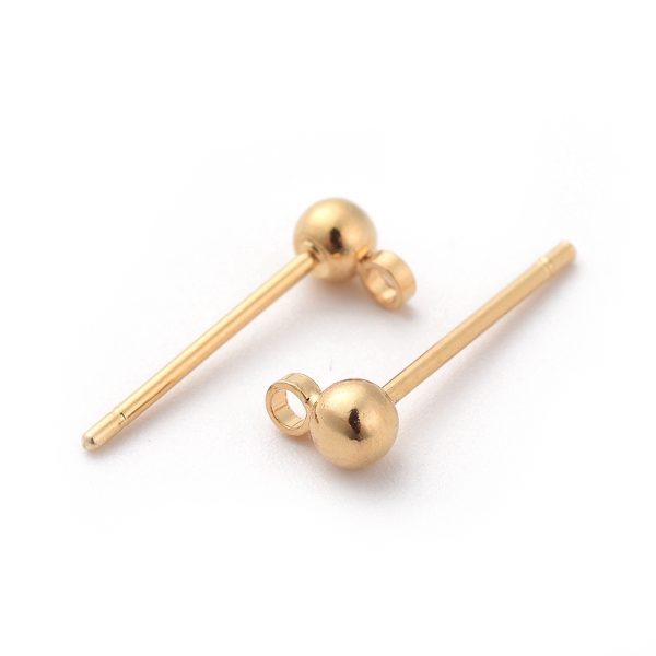 170250701964679f31a850cbe18261bf Real 18K Gold Plated Brass Round Stud Earrings Findings, with Loop, Nickel Free, 13mm, Hole: 1mm; Pin: 0.7mm; Ball: 3mm in diameter, 5 pcs/ bag