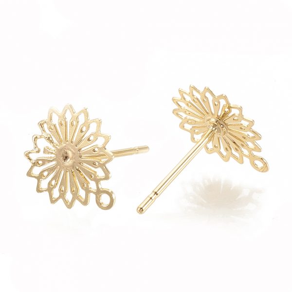 182f1b310a33ce6d2efcc71d26786296 Real 18K Gold Plated Brass Flower Earring Studs with Loop, Nickel Free, 11.5x10mm, Hole: 1mm; pin: 0.7mm, 2 pcs/ bag