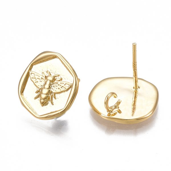 3220c2765666c2b18400c678b53a4a25 Real 18K Gold Plated Brass Bee Earring Studs, Flat Round, with Loop and 925 Sterling Silver Pins, Nickel Free, 13~13.5x13.5mm, Hole: 2mm; Pin: 0.8mm, 2 pcs/ bag