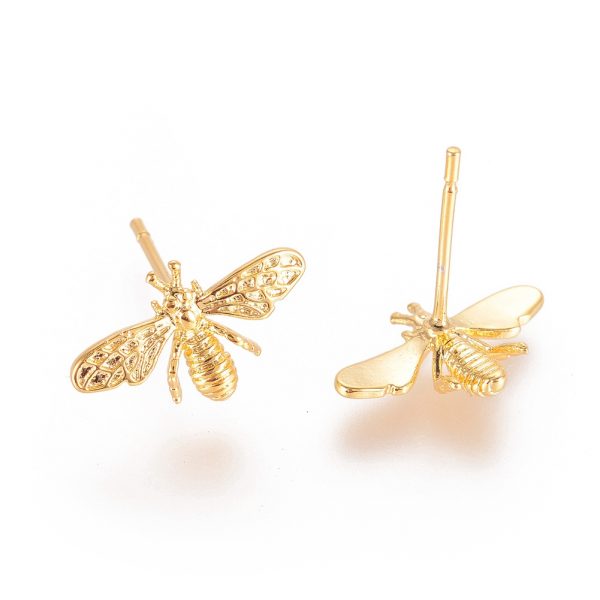4354345f941f0cbe007a0341c6cd5f2d Real 18K Gold Plated Brass Bee Stud Earrings, with 925 Sterling Silver Pins, Nickel Free, 8.5x14.5mm; Pin: 0.8mm, 2 pcs/ bag