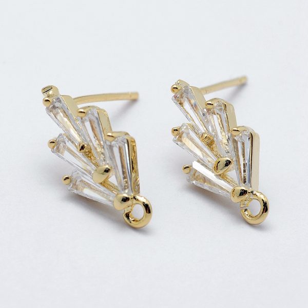 49f149b84decf1c3d5ee63ed2f89c7eb Real 18K Gold Plated Brass Micro Pave Cubic Zirconia Stud Earring Findings, with Loop, Sterling Silver Pins, Nickel Free, 14x7.5x2.5mm, Hole: 1mm; Pin: 0.8mm, 2 pcs/ bag
