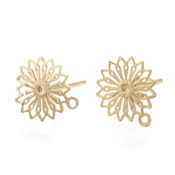 4e30244aa8bdf18d8bb709c2b502ad8f Real 18K Gold Plated Brass Flower Earring Studs with Loop, Nickel Free, 11.5x10mm, Hole: 1mm; pin: 0.7mm, 2 pcs/ bag