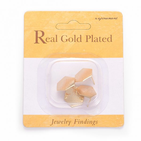 4e9e20deea46547e2a7cac375536379b Real 18K Gold Plated Brass Hexagon Earring Studs with Loop, Nickel Free, 16x18.5mm, Hole: 1.5mm, Pin: 0.6mm, 20 pcs/ bag