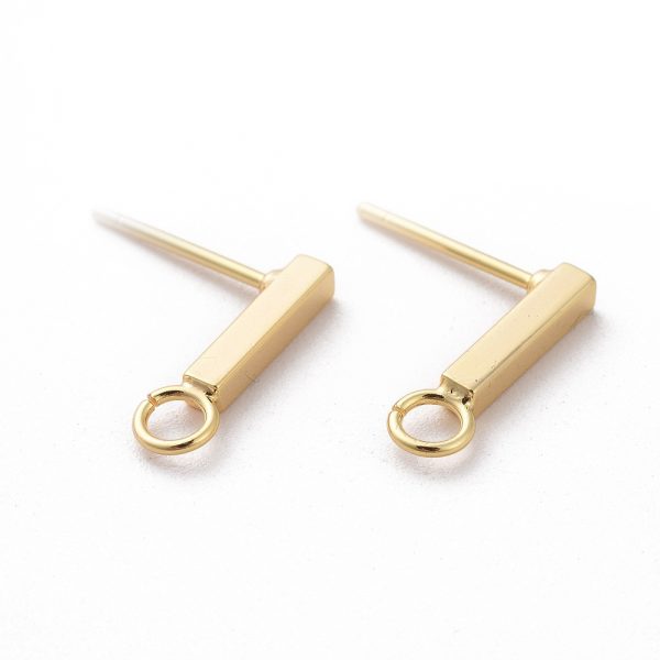 63a2893d3bfc30d96c80bf903b8ddb04 Real 18K Gold Plated Brass Rectangle Bar Earring Studs with Loop, Nickel Free, 14x2x2mm, Hole: 1.5mm; Pin: 1mm, 2 pcs/ bag