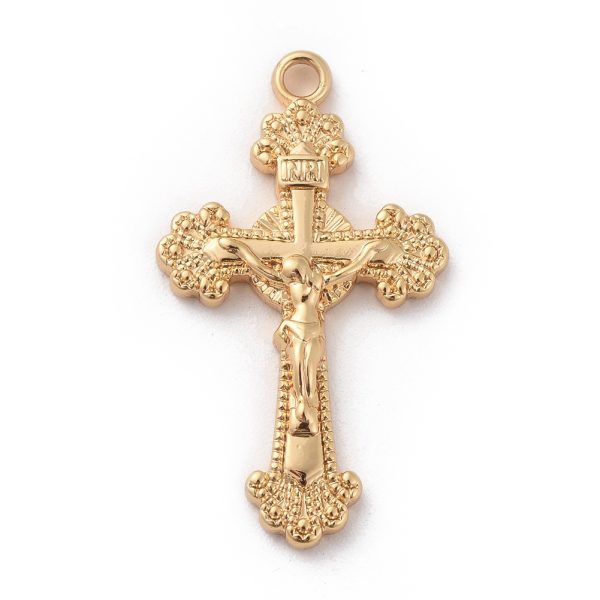 7a0f422407c6109d0d1a0d7636607f6c Real 18K Gold Plated Brass Crucifix Cross Pendants, For Easter, Nickel Free, 30.5x17.5x3mm, Hole: 1.5mm, 1 pcs/ bag