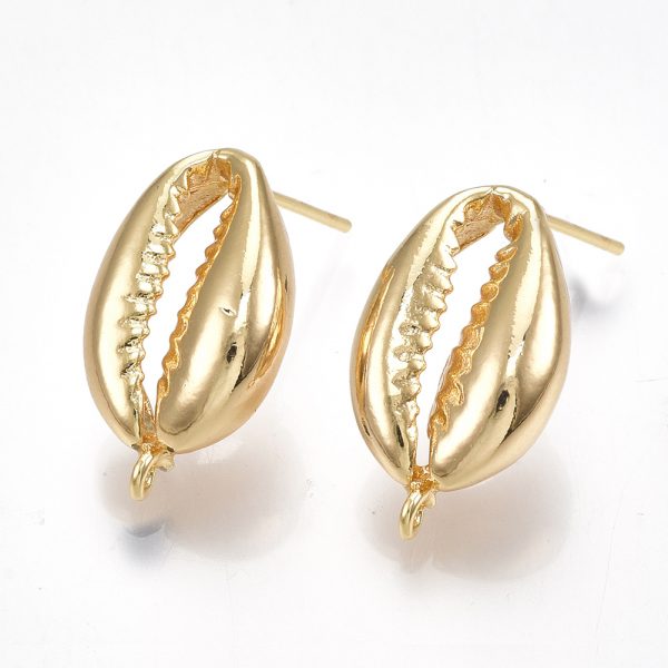 929c202b20aee8ceef0969298820e8d9 Real 18K Gold Plated Brass Cowrie Shell Earring Studs with Loop, Nickel Free, 20x12mm, Hole: 1mm; Pin: 0.7mm, 2 pcs/ bag