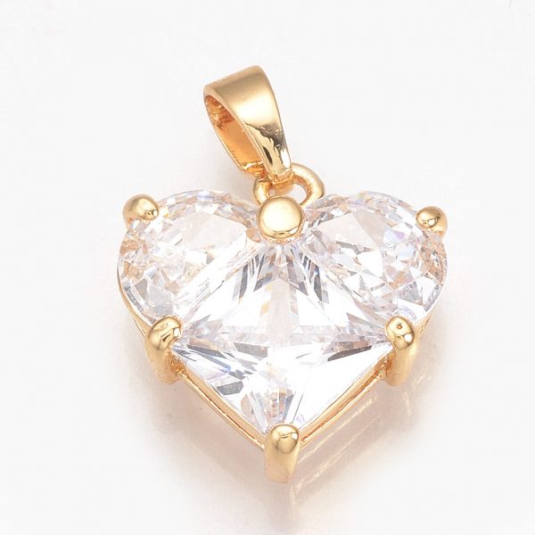 98c6c12ad1f21d79f79ea6137add2017 Real 18K Gold Plated Brass Heart Pendants, Cubic Zirconia Charms, Nickel Free, 15x14x4.5mm, Hole: 3x4mm, 2 pcs/ bag