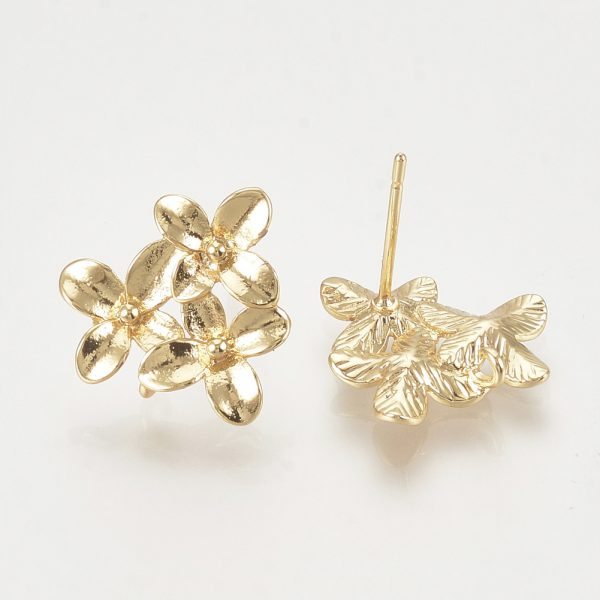 9ba7ba00d41a1cee80ef5f95a2c7d2aa Real 18K Gold Plated Brass Flower Earring Studs with Loop, Nickel Free, 14.5x15mm, Hole: 1mm; Pin: 0.8mm, 2 pcs/ bag