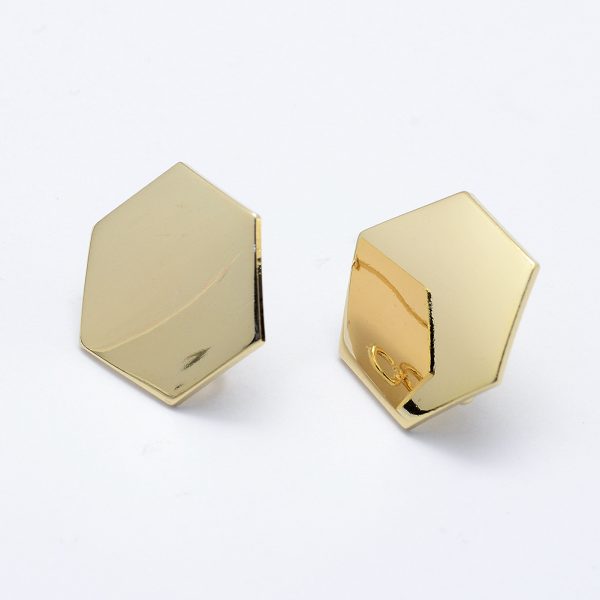 X KK F728 19G NF Real 18K Gold Plated Brass Hexagon Earring Stud with Loop, Nickel Free, 16.5x18.5x1mm, Hole: 2mm; Pin: 0.8mm, 2 pcs/ bag