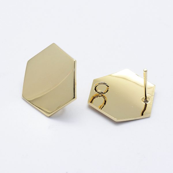 X KK F728 19G NF 1 Real 18K Gold Plated Brass Hexagon Earring Stud with Loop, Nickel Free, 16.5x18.5x1mm, Hole: 2mm; Pin: 0.8mm, 2 pcs/ bag