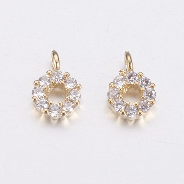 X KK F741 53G Real 18K Gold Plated Brass Round Charms, Micro Pave Cubic Zirconia, Nickel Free, 6x4x2mm, Hole: 1mm, 2 pcs/ bag