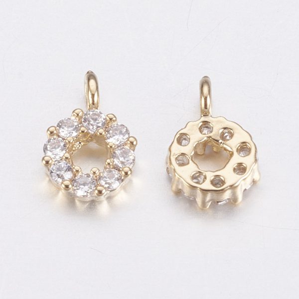 X KK F741 53G 1 Real 18K Gold Plated Brass Round Charms, Micro Pave Cubic Zirconia, Nickel Free, 6x4x2mm, Hole: 1mm, 2 pcs/ bag
