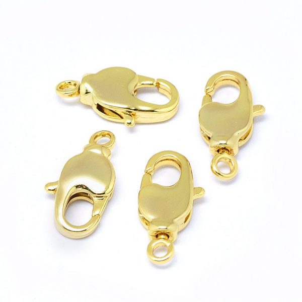 X KK F764 15G Real 18K Gold Plated Brass Lobster Claw Clasps, 17x9x4mm, Hole: 2mm, 5 pcs/ bag