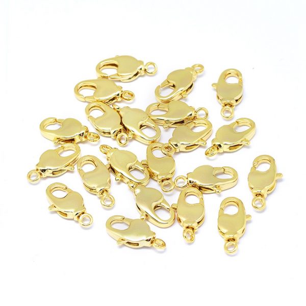 X KK F764 15G 1 Real 18K Gold Plated Brass Lobster Claw Clasps, 17x9x4mm, Hole: 2mm, 5 pcs/ bag