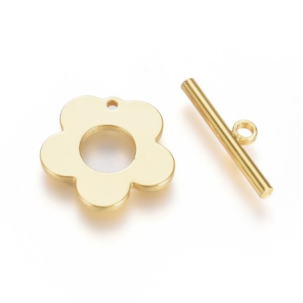 X KK G389 27G Real 18K Gold Plated Brass Flower Toggle Clasps, Flower: 13x13.5x1mm, Hole: 1mm; Bar: 15x4x1.5mm, Hole: 1.4mm, 2 pcs/ bag