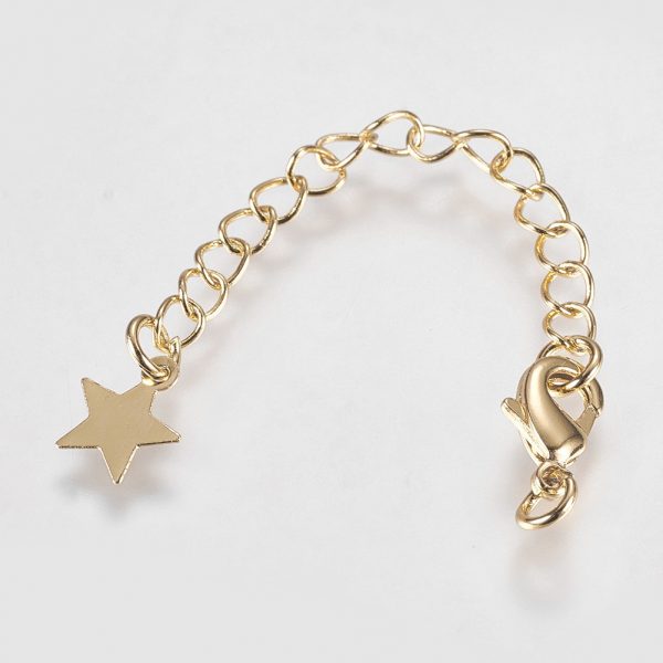 X KK K210 11G 1 Real 18K Gold Plated Brass Chain Extender, with Lobster Claw Clasps and Star Tips, 70x3mm, Hole: 2.5mm, 5 pcs/ bag