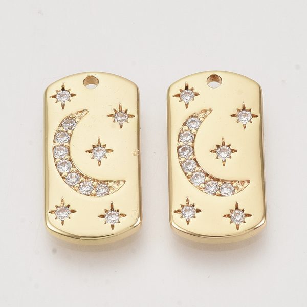 X KK N216 09 Real 18K Gold Plated Brass Rectangle Moon & Star Pendants , Micro Pave Cubic Zirconia Charms, Nickel Free, 19x10x2mm, Hole: 1.4mm, 1 pcs/ bag