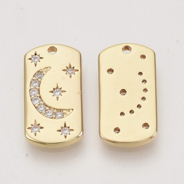 X KK N216 09 1 Real 18K Gold Plated Brass Rectangle Moon & Star Pendants , Micro Pave Cubic Zirconia Charms, Nickel Free, 19x10x2mm, Hole: 1.4mm, 1 pcs/ bag