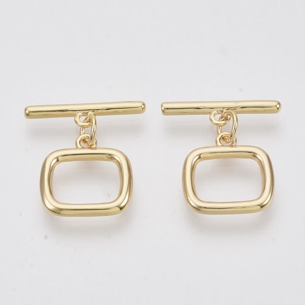 X KK N216 42 Real 18K Gold Plated Brass Rectangle Toggle Clasps, Nickel Free, 21mm Long, Bar: 19x5x2mm, Hole: 1.6mm; Ring: 14x14x2mm, Hole: 1.6mm, Jump Ring: 5x3x1mm, 2 pcs/ bag