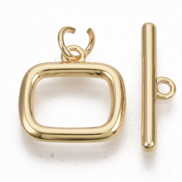 X KK N216 42 2 Real 18K Gold Plated Brass Rectangle Toggle Clasps, Nickel Free, 21mm Long, Bar: 19x5x2mm, Hole: 1.6mm; Ring: 14x14x2mm, Hole: 1.6mm, Jump Ring: 5x3x1mm, 2 pcs/ bag