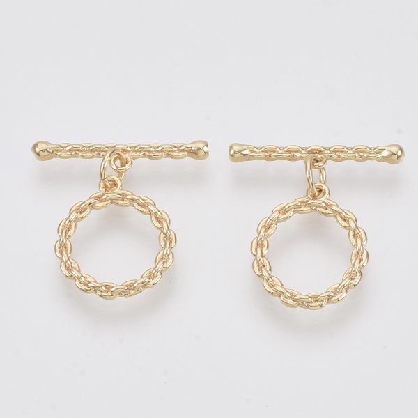 X KK N216 45 Real 18K Gold Plated Brass Toggle Bar Clasps, Round Ring, Nickel Free, 22mm, Bar: 20.5x4x2.5mm, Hole: 1.2mm; Ring: 16.5x14x2mm, Hole: 1.2mm, Jump Ring: 5x3x1mm, 1 pcs/ bag