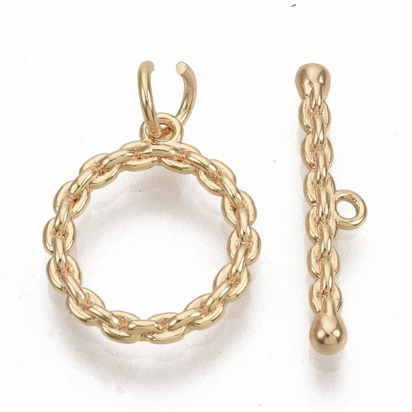 X KK N216 45 2 Real 18K Gold Plated Brass Toggle Bar Clasps, Round Ring, Nickel Free, 22mm, Bar: 20.5x4x2.5mm, Hole: 1.2mm; Ring: 16.5x14x2mm, Hole: 1.2mm, Jump Ring: 5x3x1mm, 1 pcs/ bag
