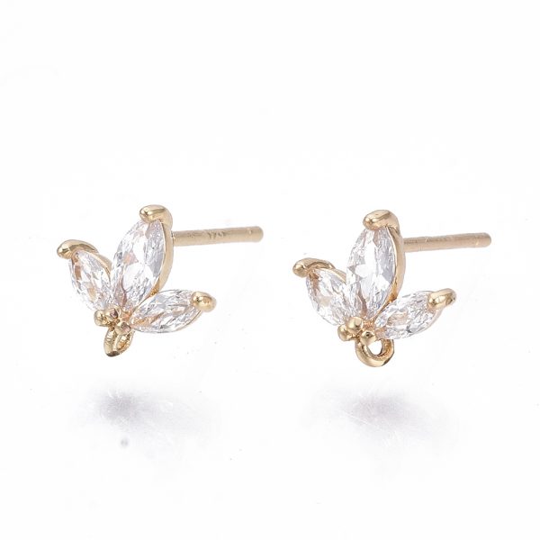 X KK N231 03 NF Real 18K Gold Plated Brass Stud Flower Earring Post, Micro Cubic Zirconia, with Loop and 925 Sterling Silver Pins, Nickel Free, 8x8mm, Hole: 1mm, Pin: 0.8mm, 2 pcs/ bag