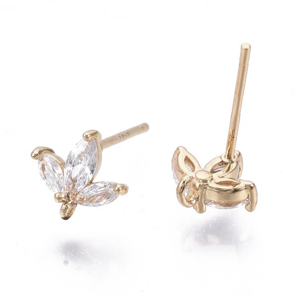 X KK N231 03 NF 1 Real 18K Gold Plated Brass Stud Flower Earring Post, Micro Cubic Zirconia, with Loop and 925 Sterling Silver Pins, Nickel Free, 8x8mm, Hole: 1mm, Pin: 0.8mm, 2 pcs/ bag
