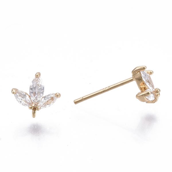 X KK N231 03 NF 2 Real 18K Gold Plated Brass Stud Flower Earring Post, Micro Cubic Zirconia, with Loop and 925 Sterling Silver Pins, Nickel Free, 8x8mm, Hole: 1mm, Pin: 0.8mm, 2 pcs/ bag
