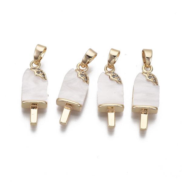 X KK N233 033 NF Real 18K Gold Plated Brass Ice Lolly Pendants, Cubic Zirconia Charms, with Acrylic and Brass Snap on Bails, Creamy White, 21x8x4mm, Hole: 4x3mm, 1 pcs/ bag