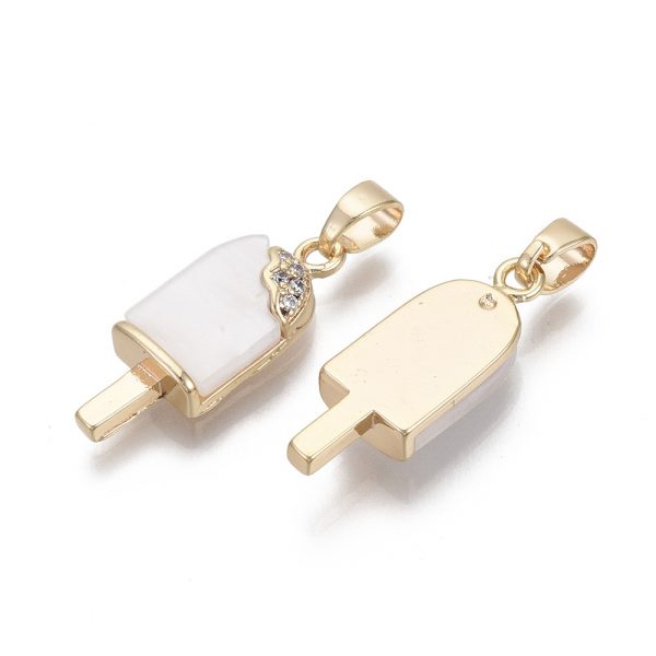 X KK N233 033 NF 1 Real 18K Gold Plated Brass Ice Lolly Pendants, Cubic Zirconia Charms, with Acrylic and Brass Snap on Bails, Creamy White, 21x8x4mm, Hole: 4x3mm, 1 pcs/ bag