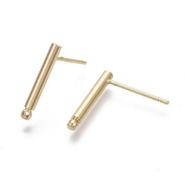 X KK R132 058 NF 1 Real 18K Gold Plated Brass Bar Earring Stud, with 925 Sterling Silver Pins and Loops, Nickel Free, 15x2mm, Hole: 1mm, Pin: 0.7mm, 4 pcs/ bag