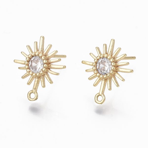 X KK R132 064 NF Real 18K Gold Plated Brass Flower Earring Stud, Micro Clear Cubic Zirconia Pendants, with Loop and 925 Sterling Silver Pins, Nickel Free, 14.5x12.5mm, Hole: 1mm, Pin: 0.7mm, 2 pcs/ bag
