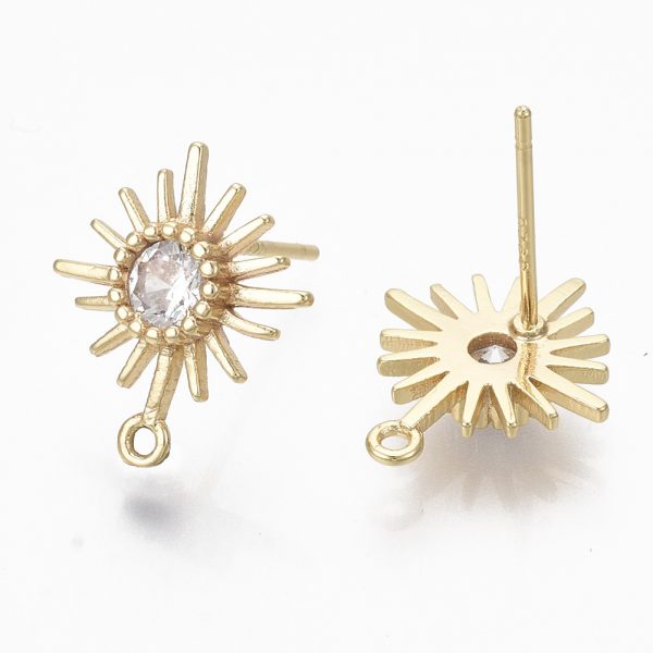 X KK R132 064 NF 1 Real 18K Gold Plated Brass Flower Earring Stud, Micro Clear Cubic Zirconia Pendants, with Loop and 925 Sterling Silver Pins, Nickel Free, 14.5x12.5mm, Hole: 1mm, Pin: 0.7mm, 2 pcs/ bag