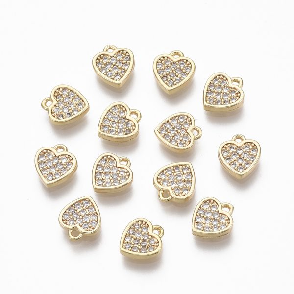 X KK R134 011 NF Real 18K Gold Plated Brass Heart Charms, Micro Pave Clear Cubic Zirconia, Nickel Free, 7.5x7x1.5mm, Hole: 0.9mm, 2 pcs/ bag