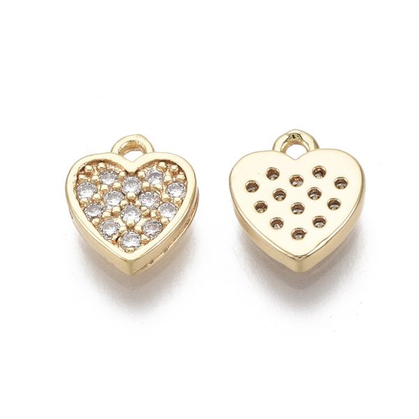 X KK R134 011 NF 1 Real 18K Gold Plated Brass Heart Charms, Micro Pave Clear Cubic Zirconia, Nickel Free, 7.5x7x1.5mm, Hole: 0.9mm, 2 pcs/ bag