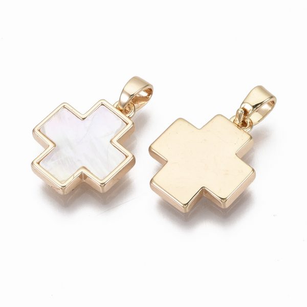 X KK R134 034 NF 1 Real 18k Gold Plated Brass Cross Charms, with Freshwater Shell, Nickel Free, 15x13x2.5mm, Hole: 2x4mm, 1 pcs/ bag