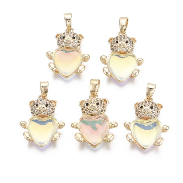X KK R134 082 NF Real 18k Gold Plated Brass Bear Charm Pendant, Cubic Zirconia Pendant, with Glass and Brass Snap on Bails, AB Color Plated, Nickel Free, 18x15x5mm, Hole: 2x4mm, 1 pcs/ bag