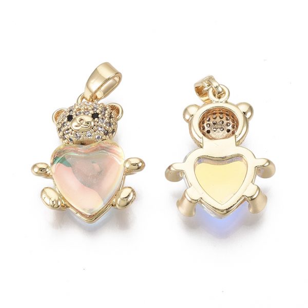 X KK R134 082 NF 1 Real 18k Gold Plated Brass Bear Charm Pendant, Cubic Zirconia Pendant, with Glass and Brass Snap on Bails, AB Color Plated, Nickel Free, 18x15x5mm, Hole: 2x4mm, 1 pcs/ bag