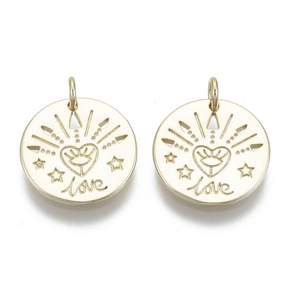 X KK R137 003 NF Real 16K Gold Plated Brass Flat Round Word Love Pendants, with Jump Rings, Nickel Free, 15x1.5mm, Hole: 3mm, 1 pcs/ bag