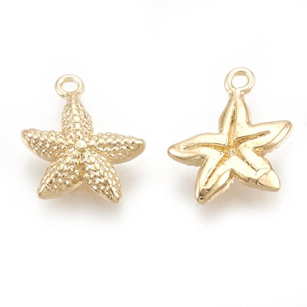X KK S348 009 Real 18K Gold Plated Brass Starfish/Sea Stars Charms, 12x9x2.5mm, Hole: 1mm, 5 pcs/ bag