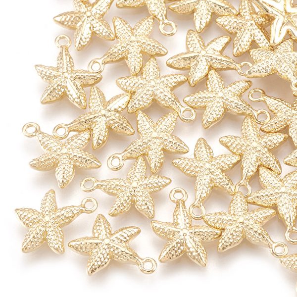 X KK S348 009 1 Real 18K Gold Plated Brass Starfish/Sea Stars Charms, 12x9x2.5mm, Hole: 1mm, 5 pcs/ bag