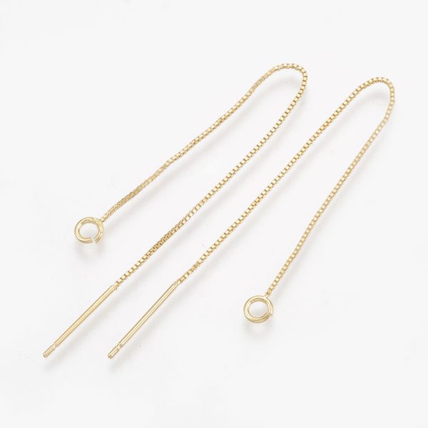 X KK S348 101 1 Real 18K Gold Plated Brass Ear Threader Earrings With Loop, 82~87x0.5mm, Hole: 1.5mm, 2 pcs/ bag