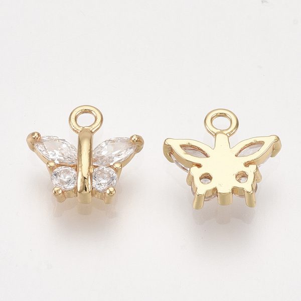X KK S348 441 1 Real 18K Gold Plated Brass Butterfly Charms, Cubic Zirconia, Clear, 8x9x2.5mm, Hole: 1mm, 2 pcs/ bag