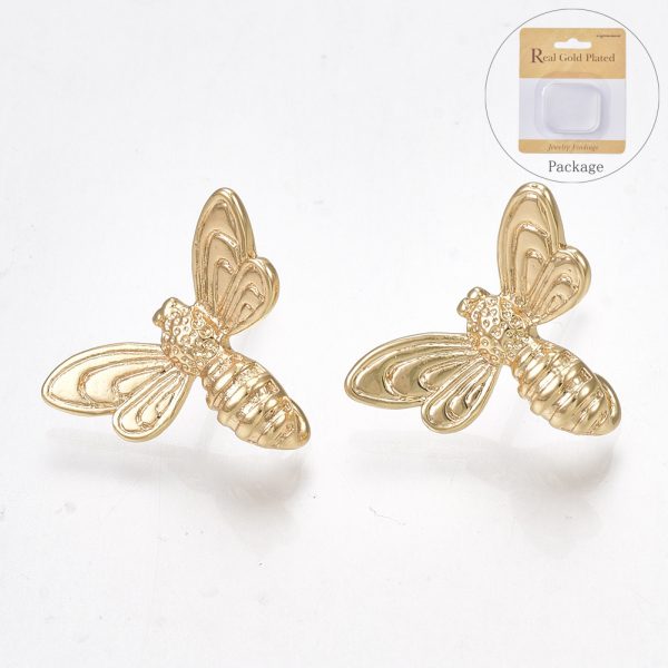 X KK S350 024G Real 18K Gold Plated Brass Bee Stud Earring Findings, with Loop, 925 Sterling Silver Pins, Nickel Free, 13x17mm, Hole: 1mm; Pin: 0.7mm, 2 pcs/ bag
