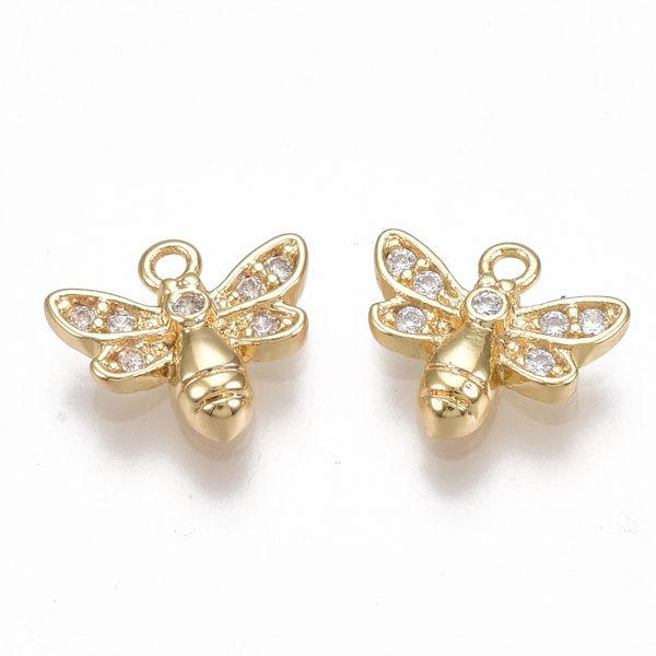 X KK S350 081G Real 18K Gold Plated Brass Bee Charms, Micro Pave Cubic Zirconia Pendants, Nickel Free, 8.5x9.5x2mm, Hole: 1mm, 2 pcs/ bag