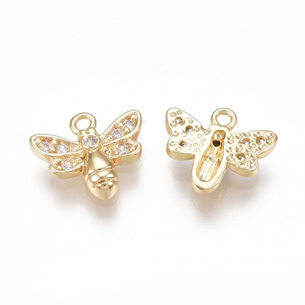 X KK S350 081G 1 Real 18K Gold Plated Brass Bee Charms, Micro Pave Cubic Zirconia Pendants, Nickel Free, 8.5x9.5x2mm, Hole: 1mm, 2 pcs/ bag